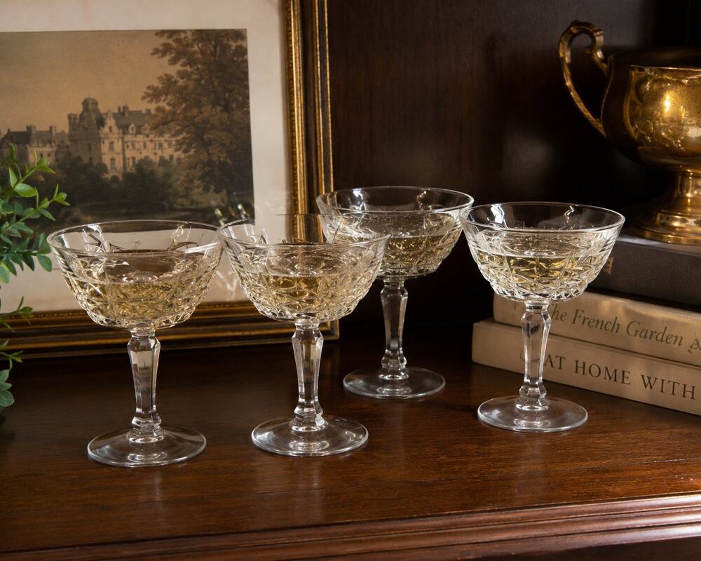 Vintage W.M. Dalton Cherbourg French Lead Crystal Champagne Sherbet Glasses Set